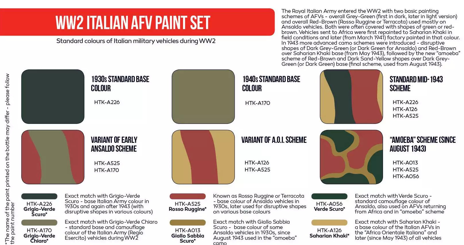 Hataka Hobby HTK-AS106 WW2 Italian AFV paint set, (6x17ml)