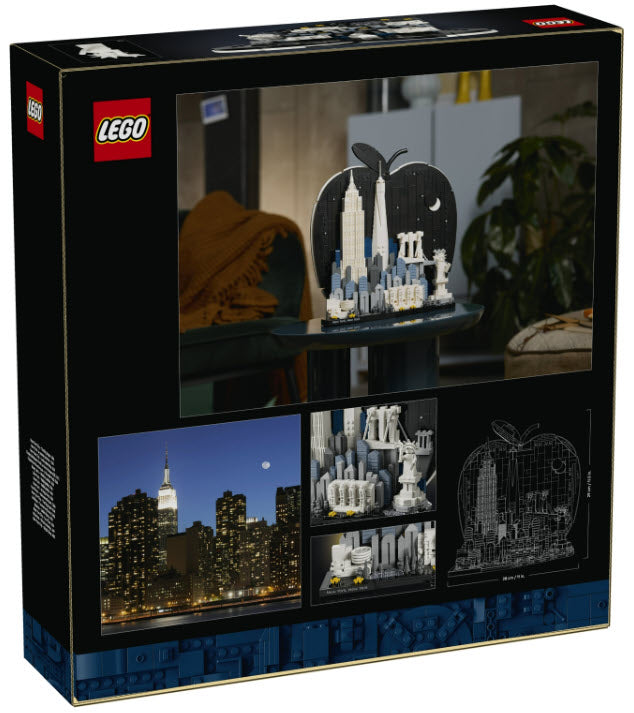 Box Rückseite: Feiere New York City und seine legendären Wahrzeichen mit LEGO® Architecture New York City – The Big Apple (21066) – einer spektakulären Wohnzimmerdeko. Das Bauset für Erwachsene ist ein atemberaubendes Geschenk für Architekturbegeisterte u