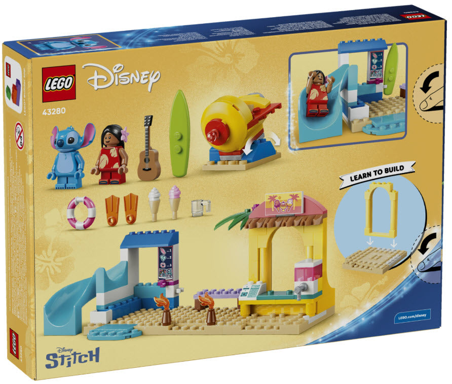 Box Rückseite: LEGO Disney 43280 Spaß am Strand mit Lilo und Stitch