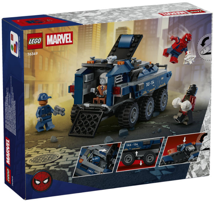 Box Rückseite: LEGO Super Heroes 76349 Spider-Man Jagt den Gefängnistransporter