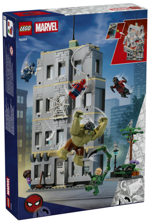 Box Rückseite: LEGO Super Heroes 76350 Großer Showdown: Spider-Man vs. Hulk