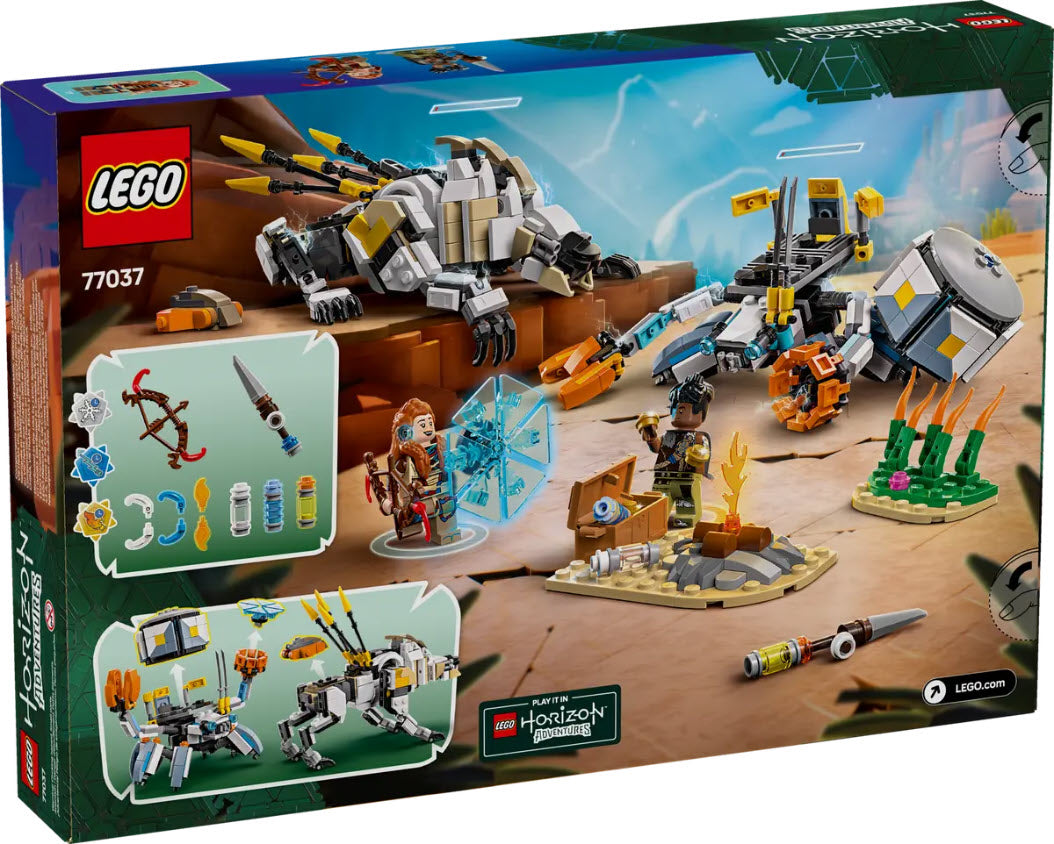 Box Rückseite: LEGO Horizon 77037 Aloy und Varl vs. Panzerwanderer und Sägezahn