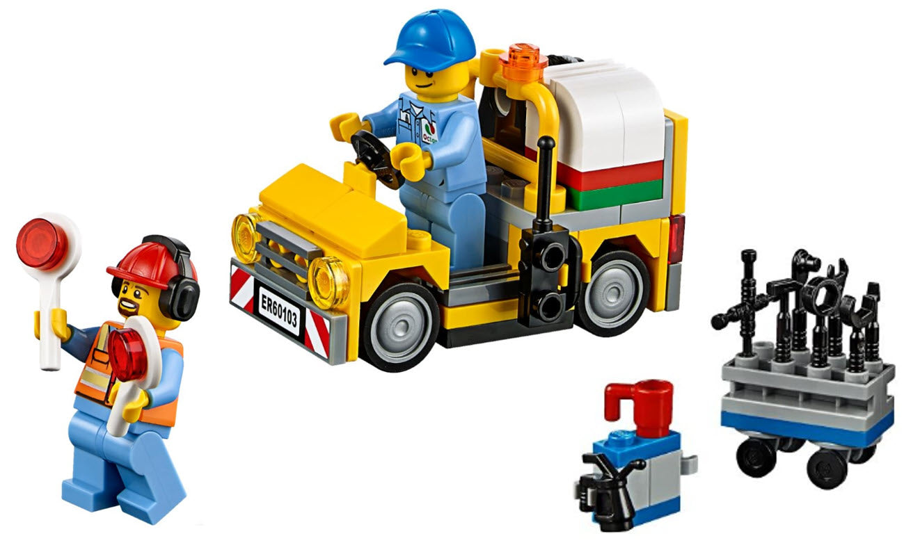 Inhalt: LEGO Split-Sets S612 Tankwagen mit Werkzeugwagen und Mechaniker und Flughafenarbeiter