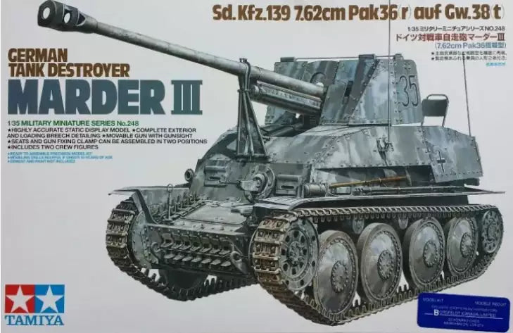 Verpackung: Tamiya 35248 GERMAN TANK DESTROYER MARDER III Sd.Kfz.139 7.62cm Pak36(r) auf Gw.38(t), 1:35
