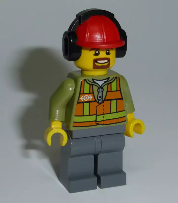 LEGO City Minifiguren TRN238 Bahnarbeiter mit Henrique-Bart, olivgrüne Jacke, Helm mit Gehörschutz