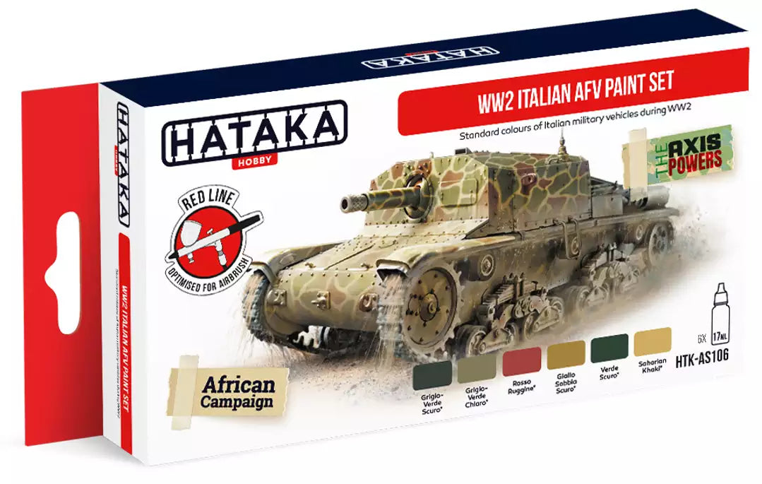Verpackung: Hataka Hobby HTK-AS106 WW2 Italian AFV paint set, (6x17ml)
